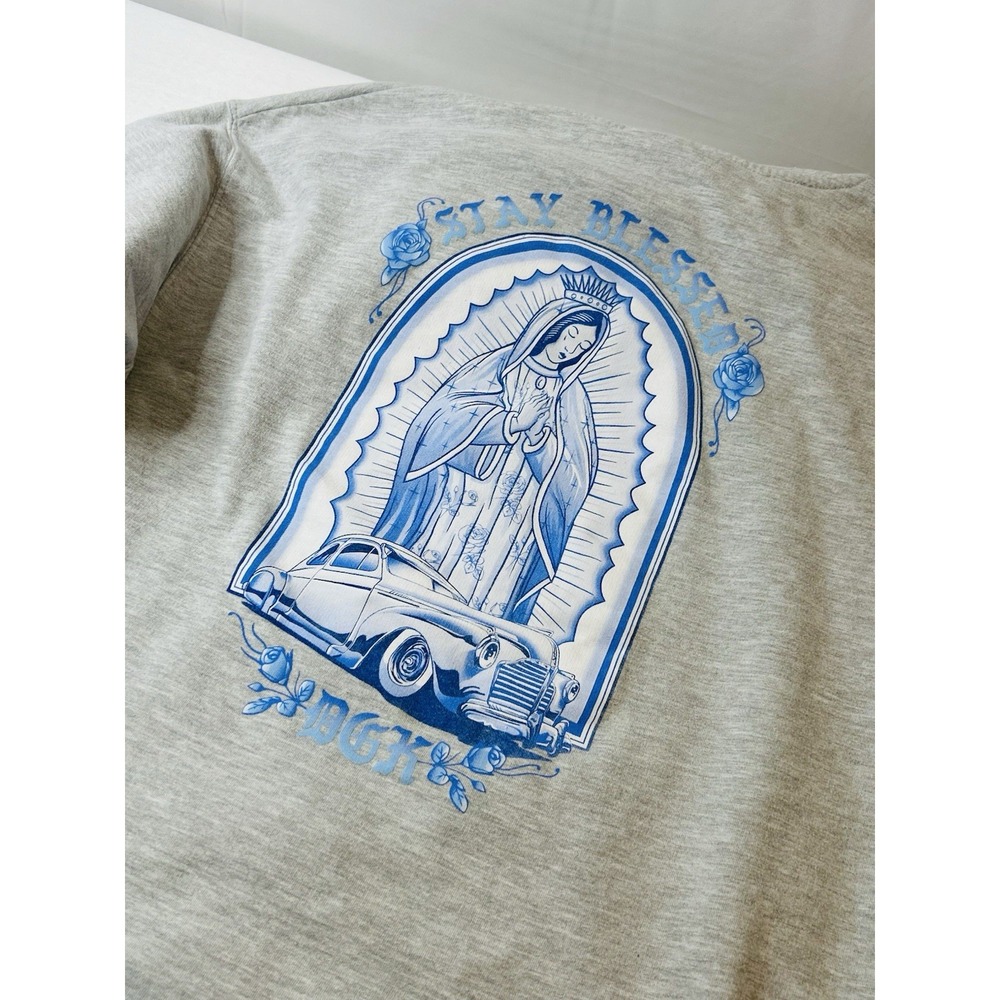 DGK Hoodie Mens Medium Grey Stay Blessed Virgin Mary Blue Graphic Skater Sweat